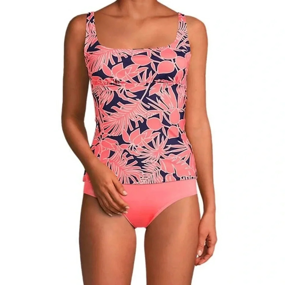 Land’s End Square Neck Underwire Tankini Swimsuit Top Pink Navy Palm Size 2 NWT